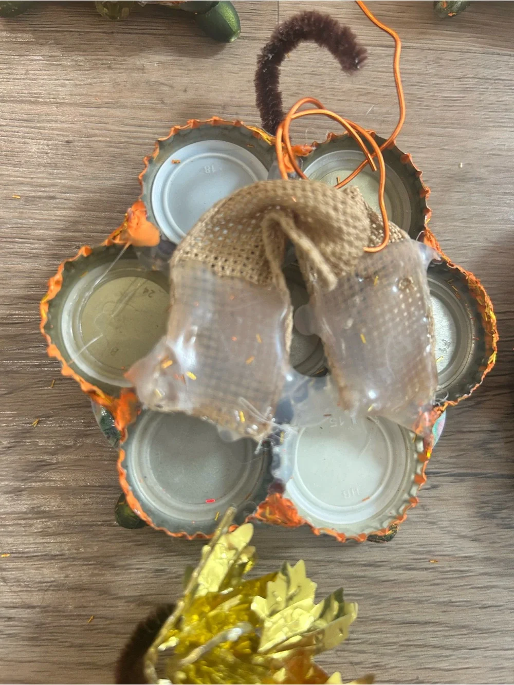 Folk Art Bottle Cap Holiday Ornaments Lot of 10 Kitsch Peacock Eye Millefiori